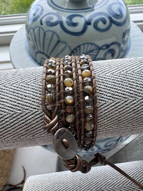 Chan Luu Brown Leather Multi-Strand Beaded Wrap Bracelet